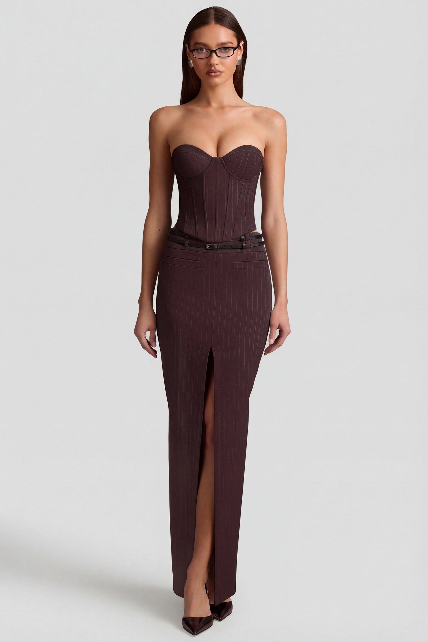 Pinstripe Low-Rise Maxi Skirt in Chocolate Brown