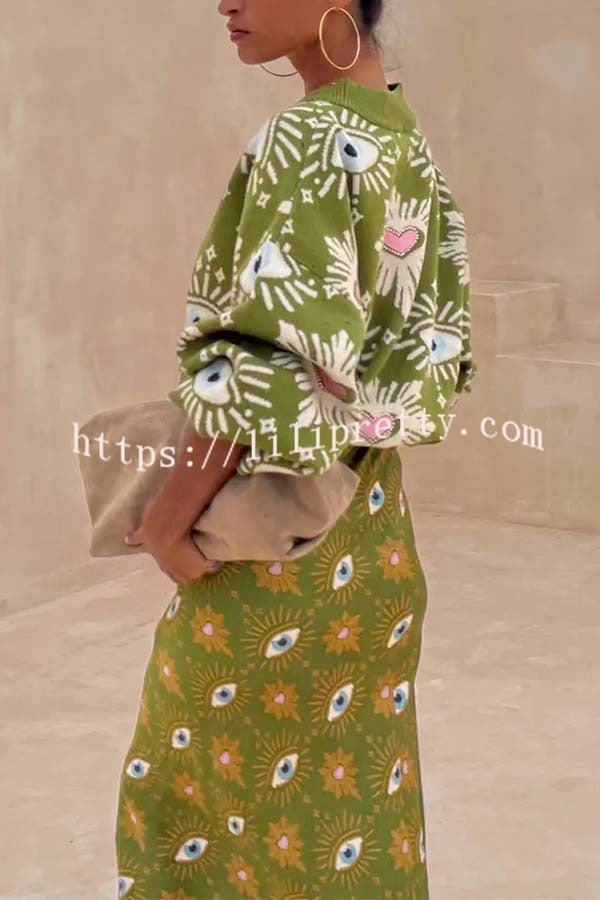 Mysterious Magic Satin Eye Heart Pattern Elastic Waist Drape Maxi Skirt
