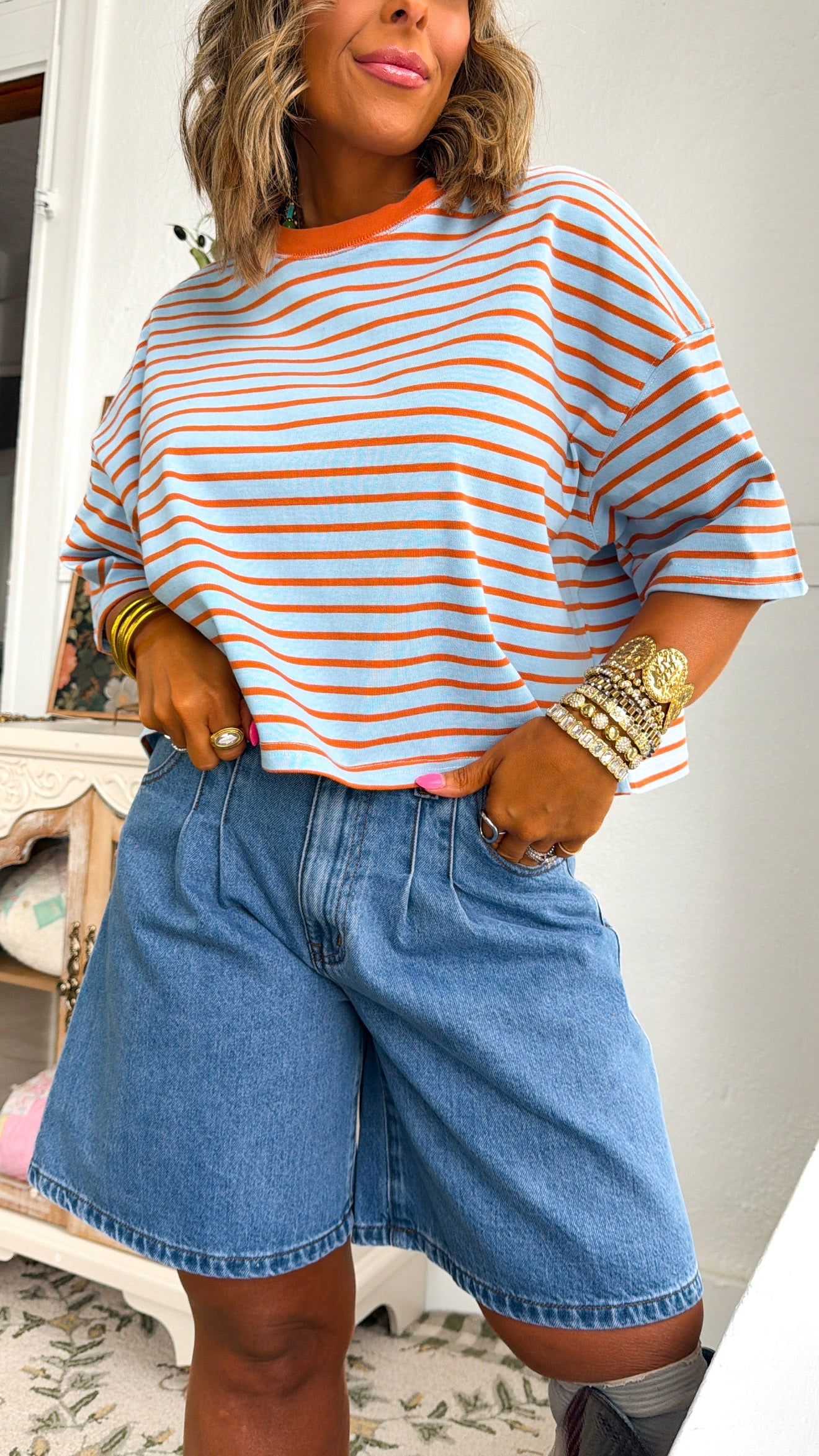 Basic Stripe Tee, Rust/ Lt.Blue
