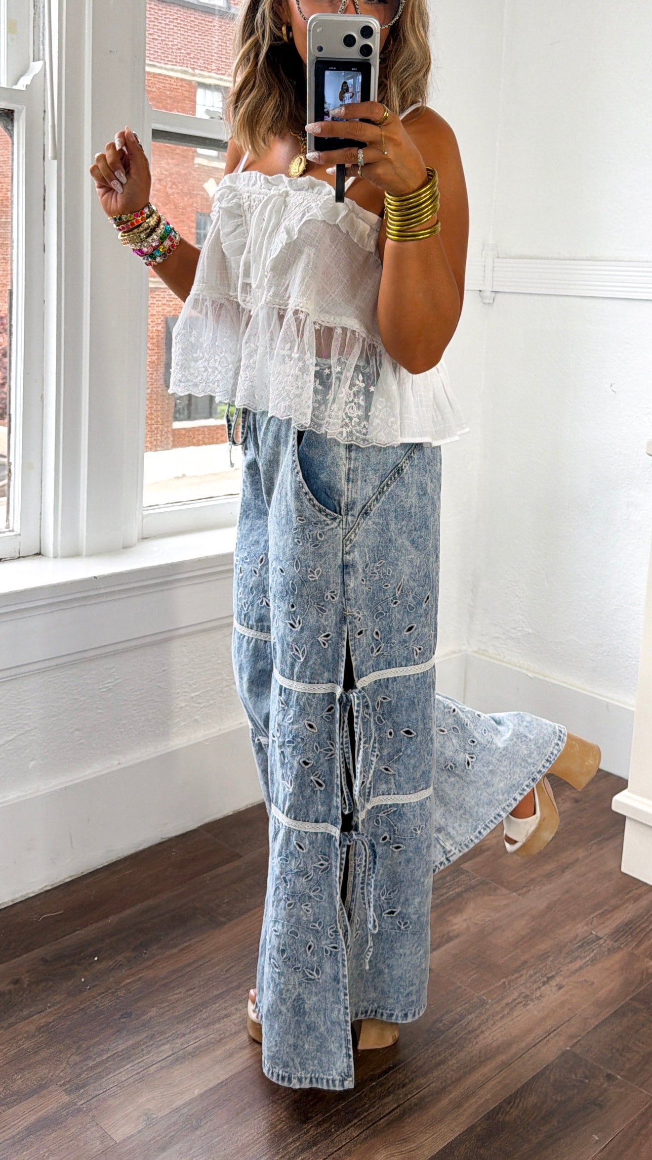 Embroidered Vine Pants, Denim