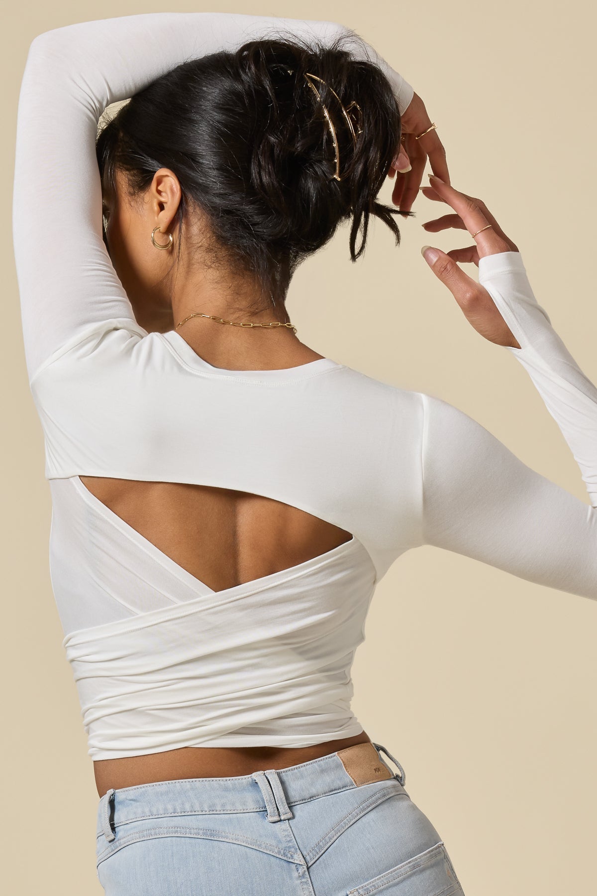 Bow Back Reversible Long Sleeve Top - White