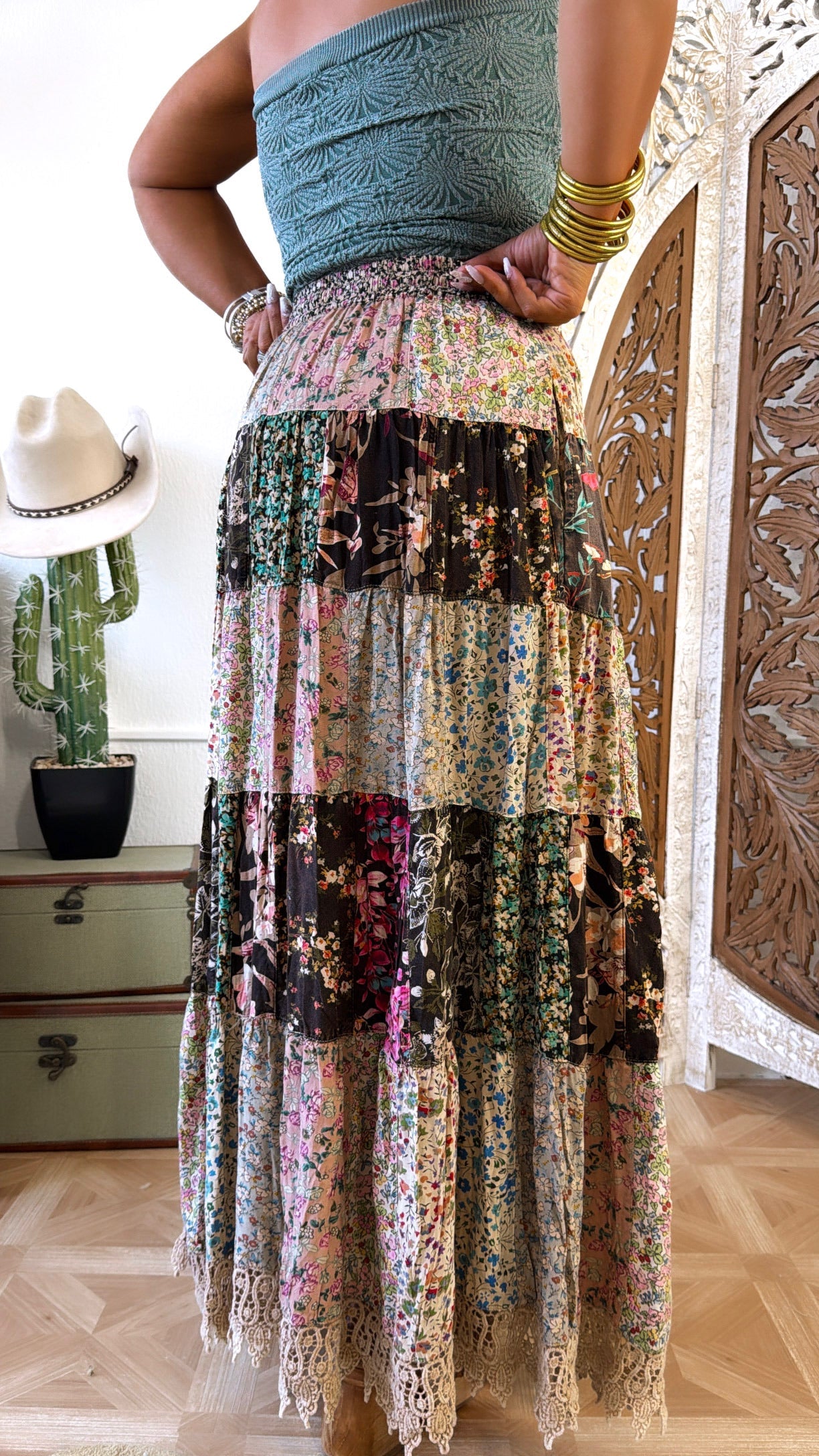 Cloverline Printed Tiered Midi Skirt, Latte