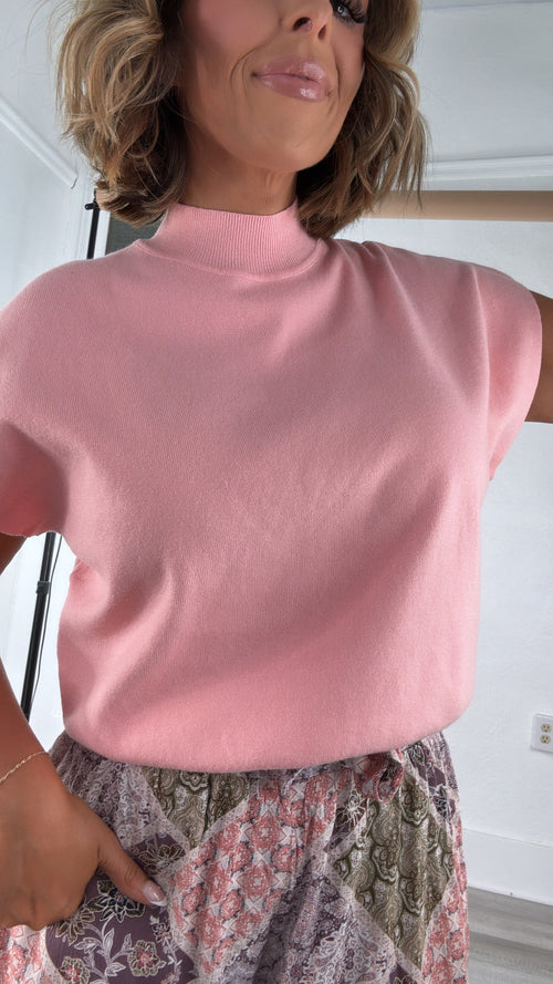 Mock Neck Short Sleeve Top, Apricot
