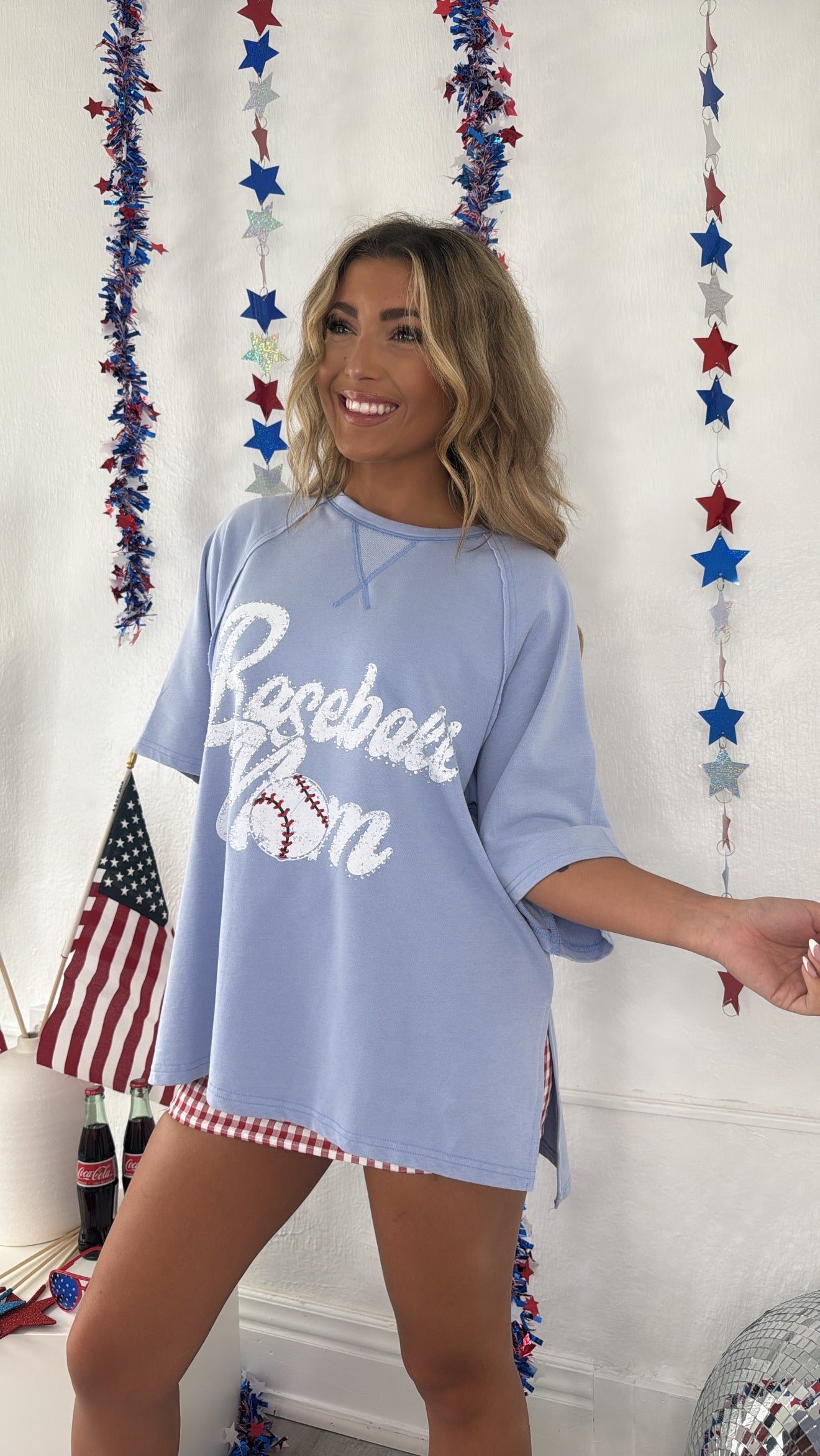 Baseball Mom Oversized Rhinestone Tee, Blue