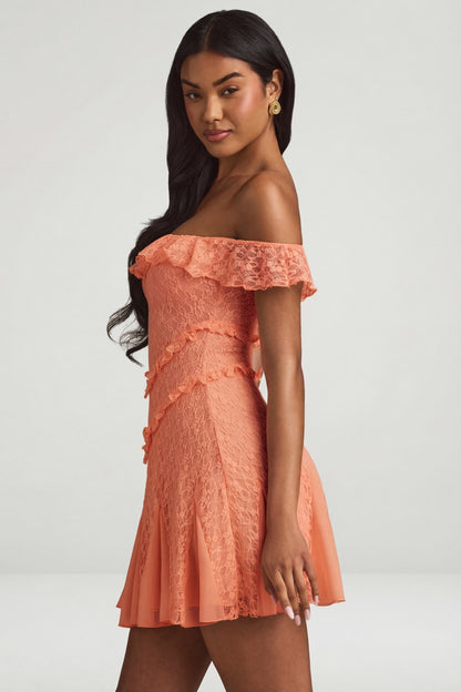 Off-Shoulder Lace A-Line Mini Dress in Peach