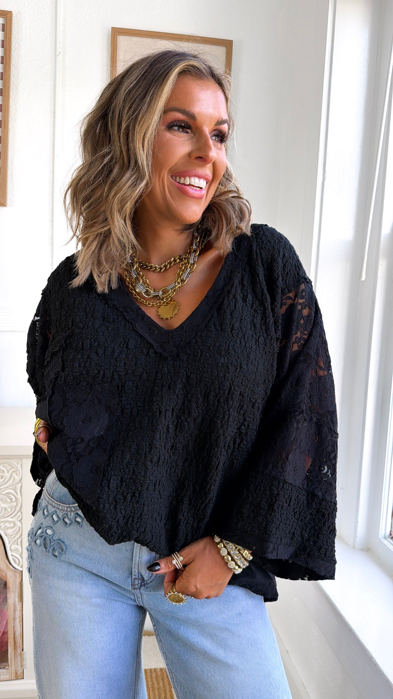 Celeste Textured Top, Black