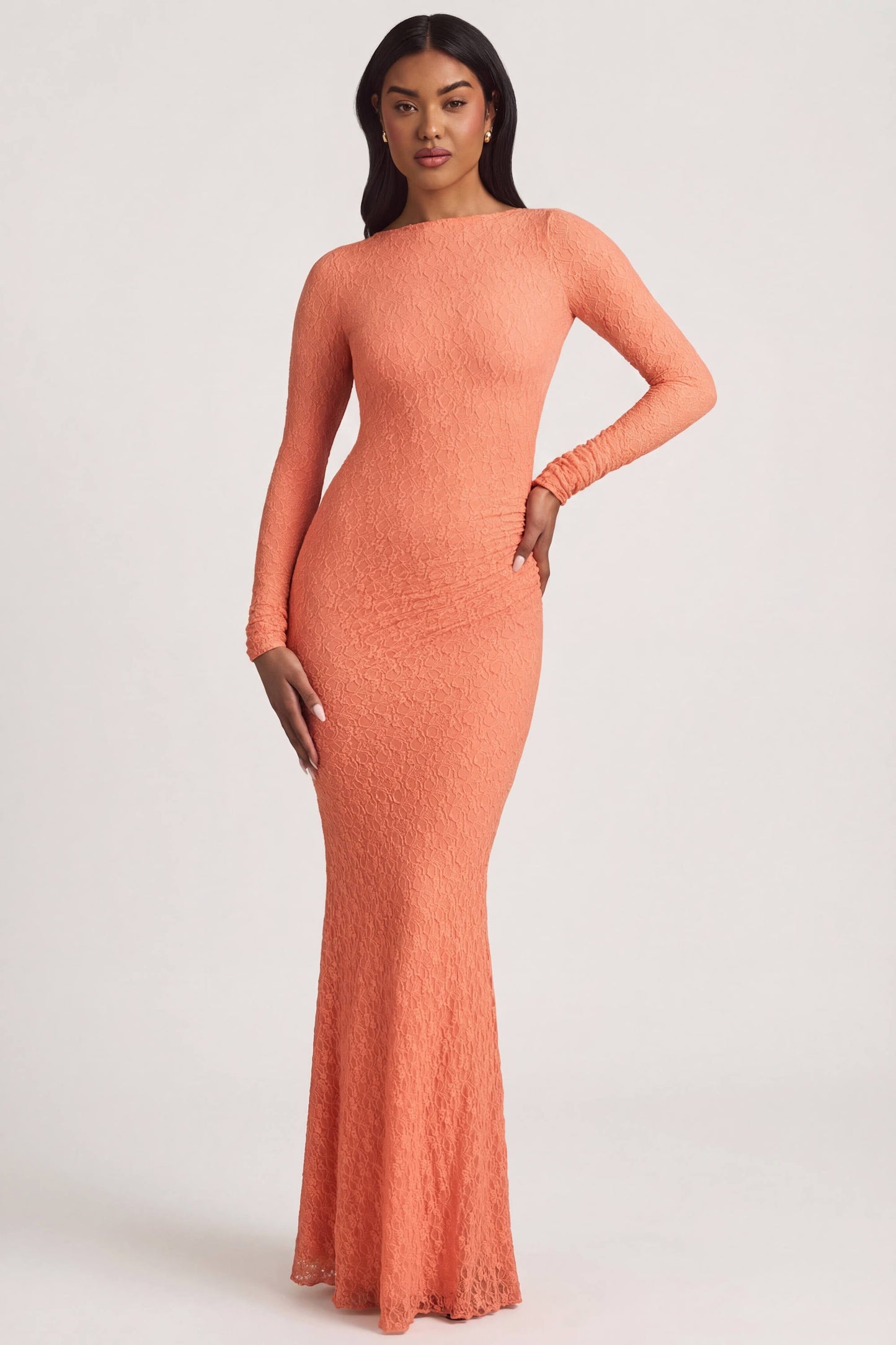 Ruched Backless Lace Maxi Dress in Peach