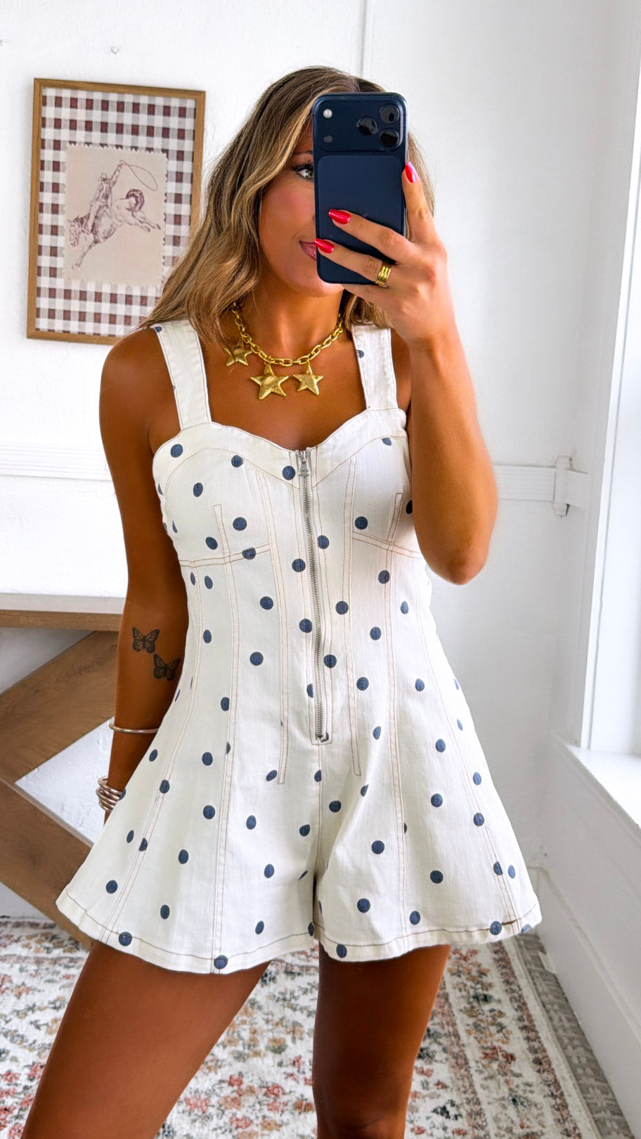 Paradise Pop Polka Dot Romper, Cream/Navy