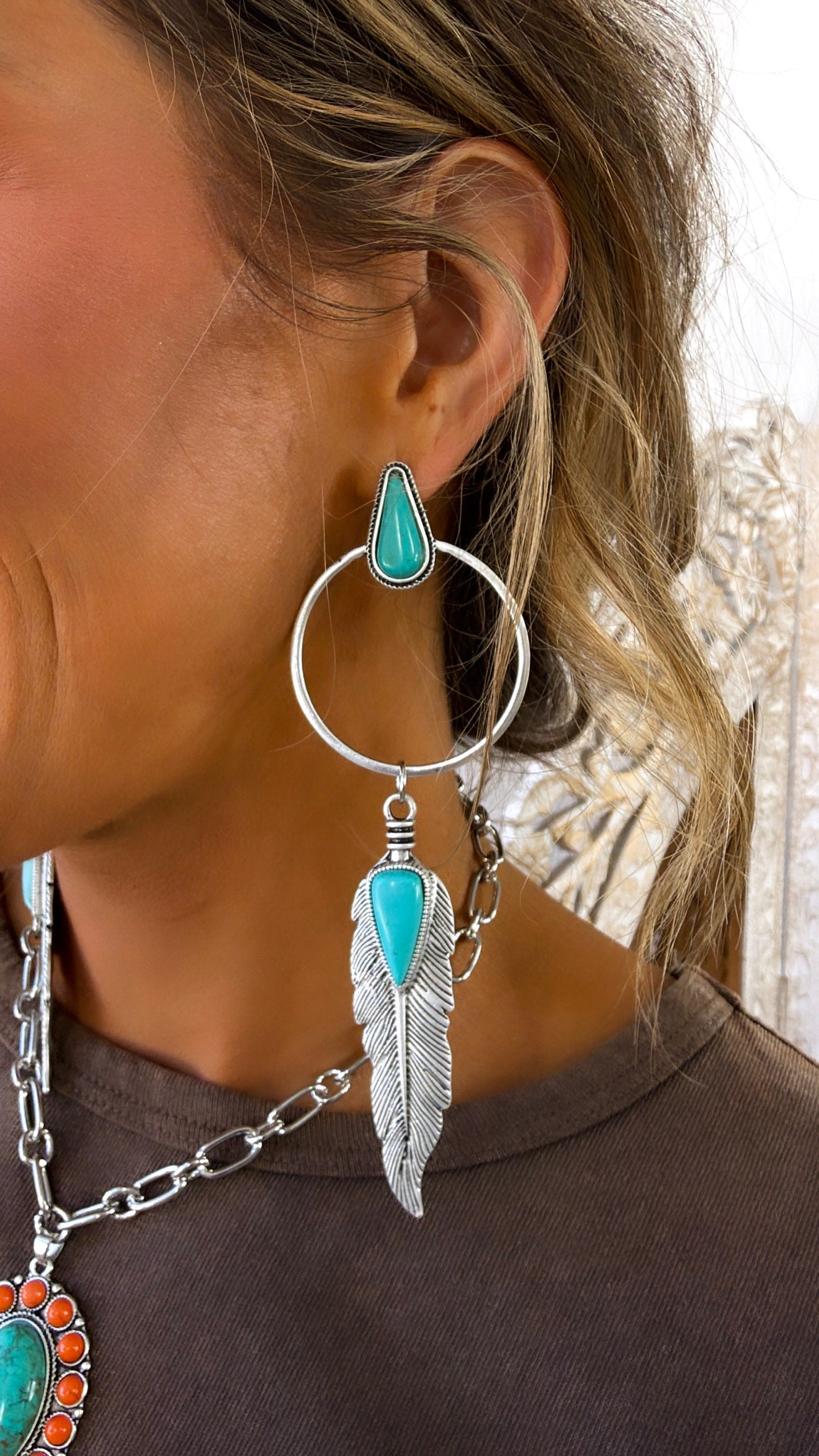 Feathered Hoop Post Earring, Turquoise
