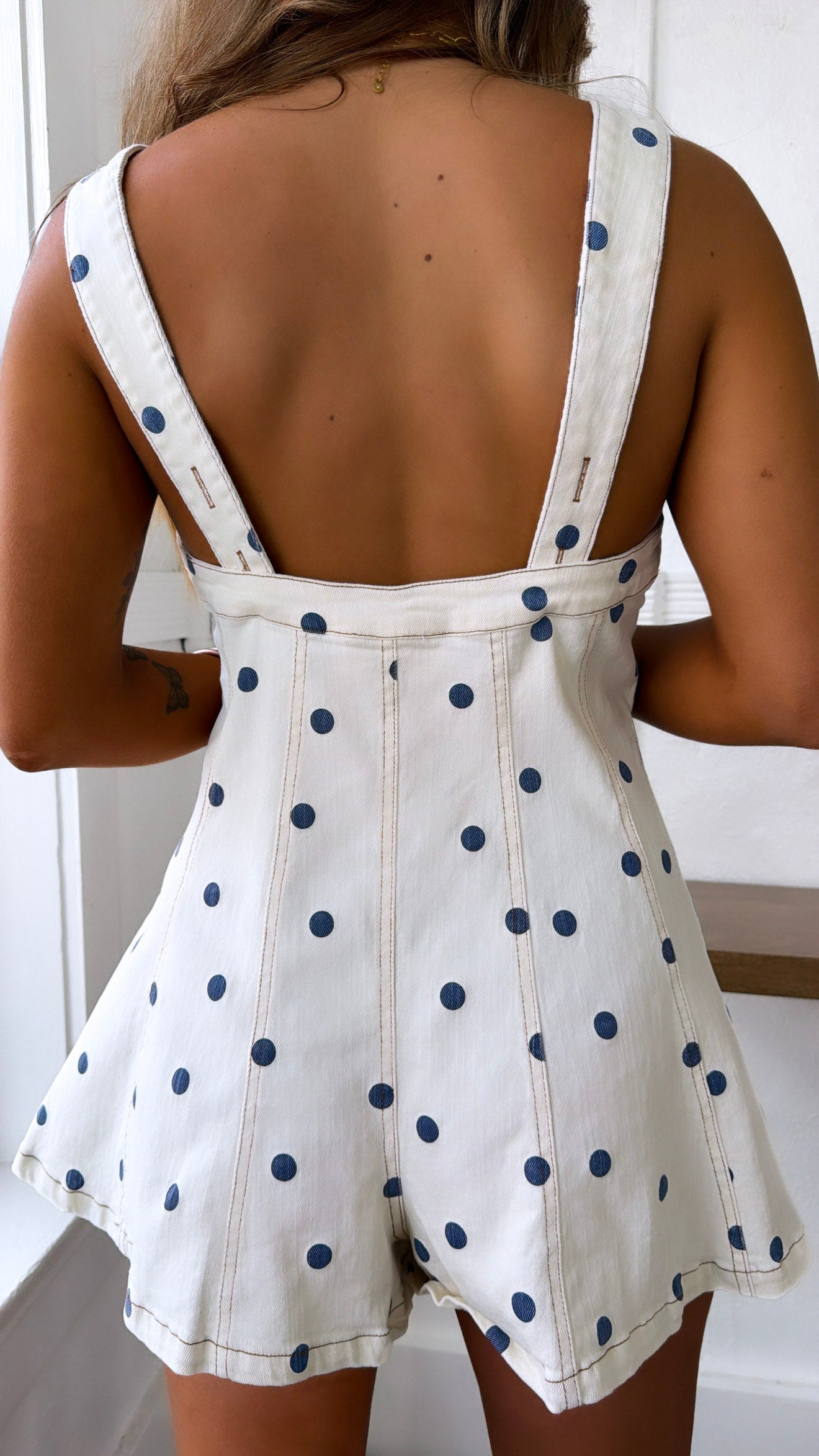 Paradise Pop Polka Dot Romper, Cream/Navy