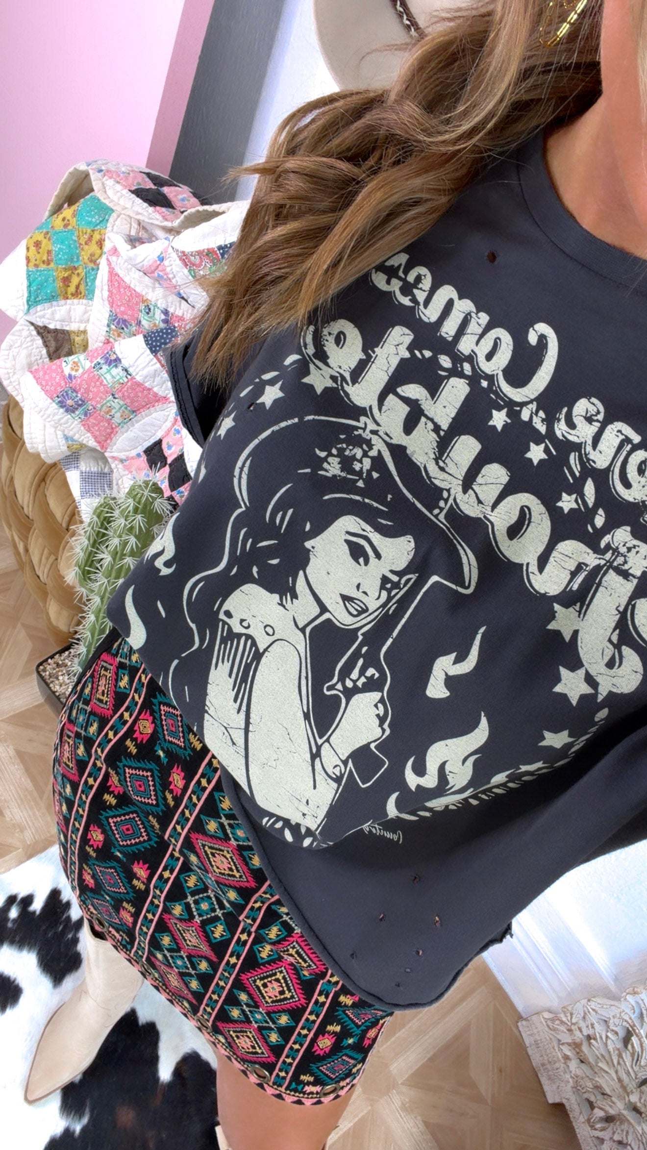 Distressed Here Comes Trouble Graphic Tee, Washed Black
