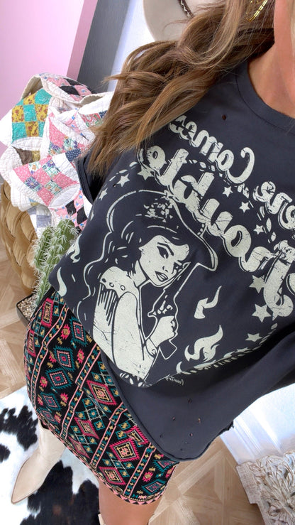 Distressed Here Comes Trouble Graphic Tee, Washed Black