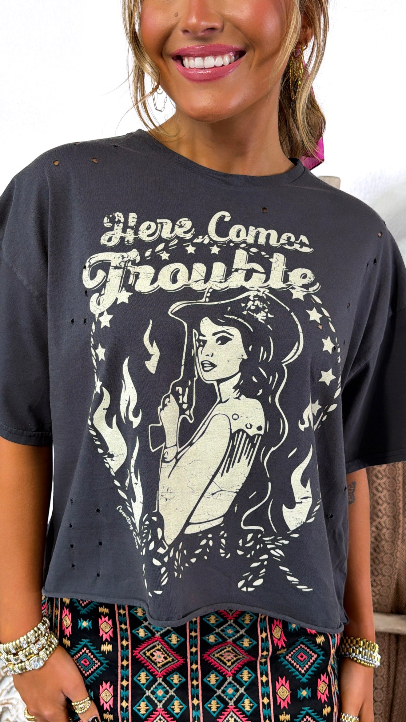 Distressed Here Comes Trouble Graphic Tee, Washed Black