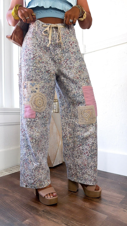 Denim Skies Striped Pants, Floral Multi