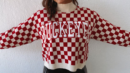 Ohio Checkered Mock Neck Sweater, Red