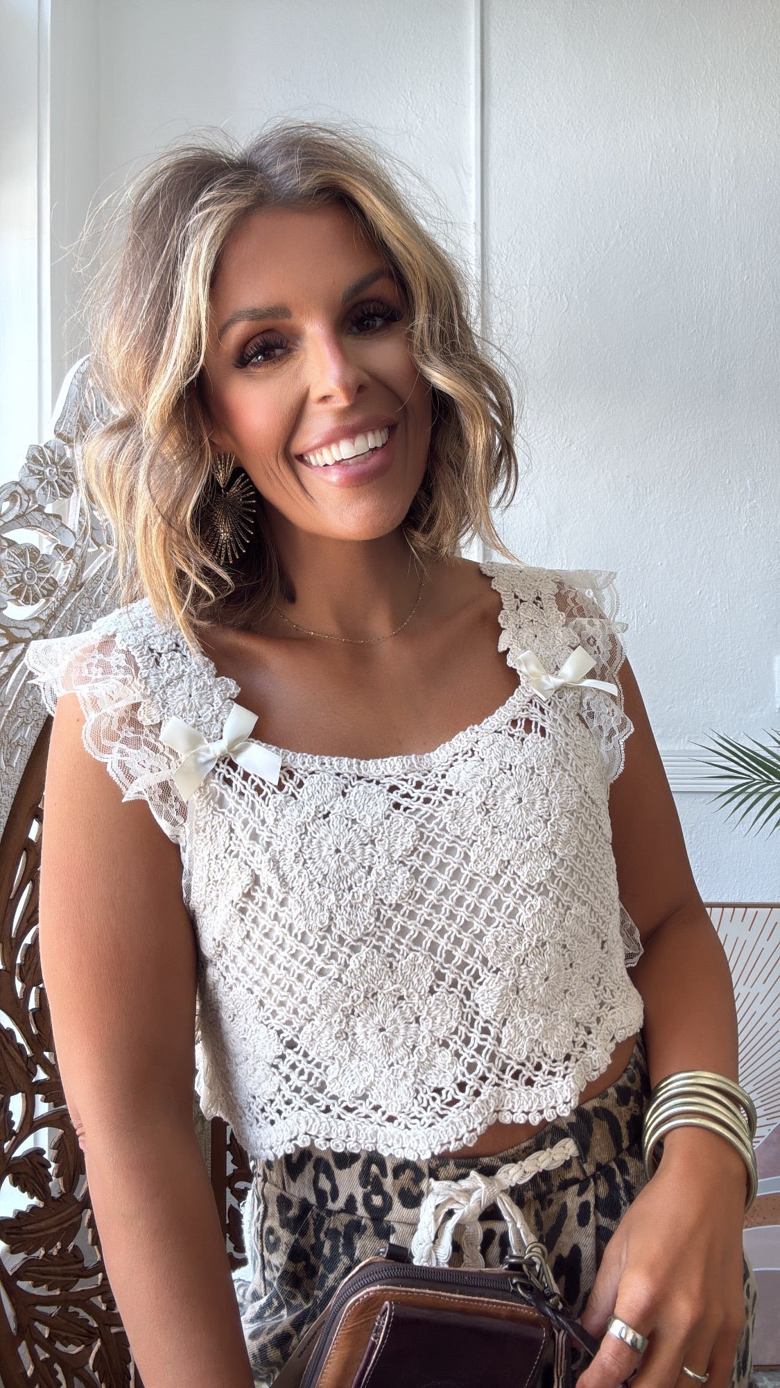 Falling For You Crochet Lace Bow Detail Top, Natural
