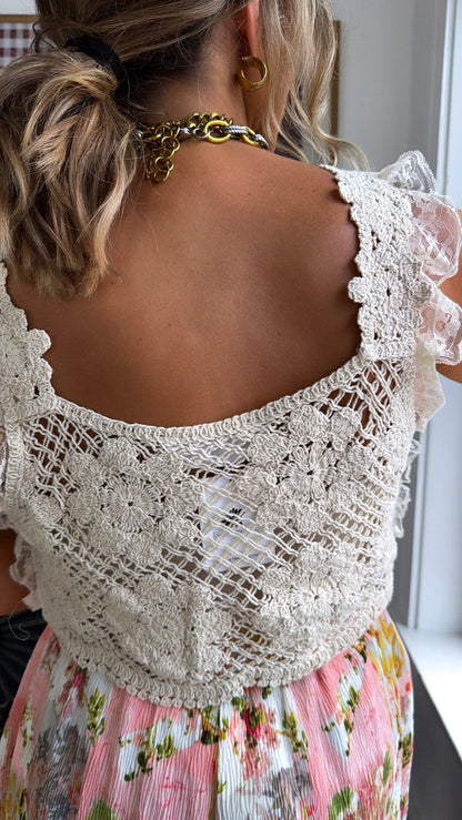 Falling For You Crochet Lace Bow Detail Top, Natural