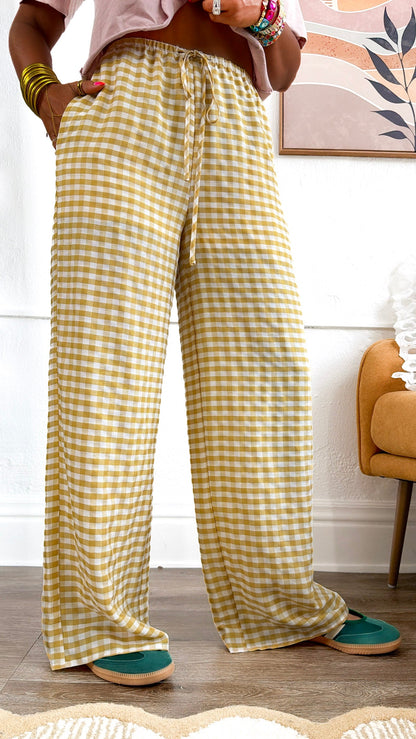 Gingham Print Drawstring Pants, Yellow Multi