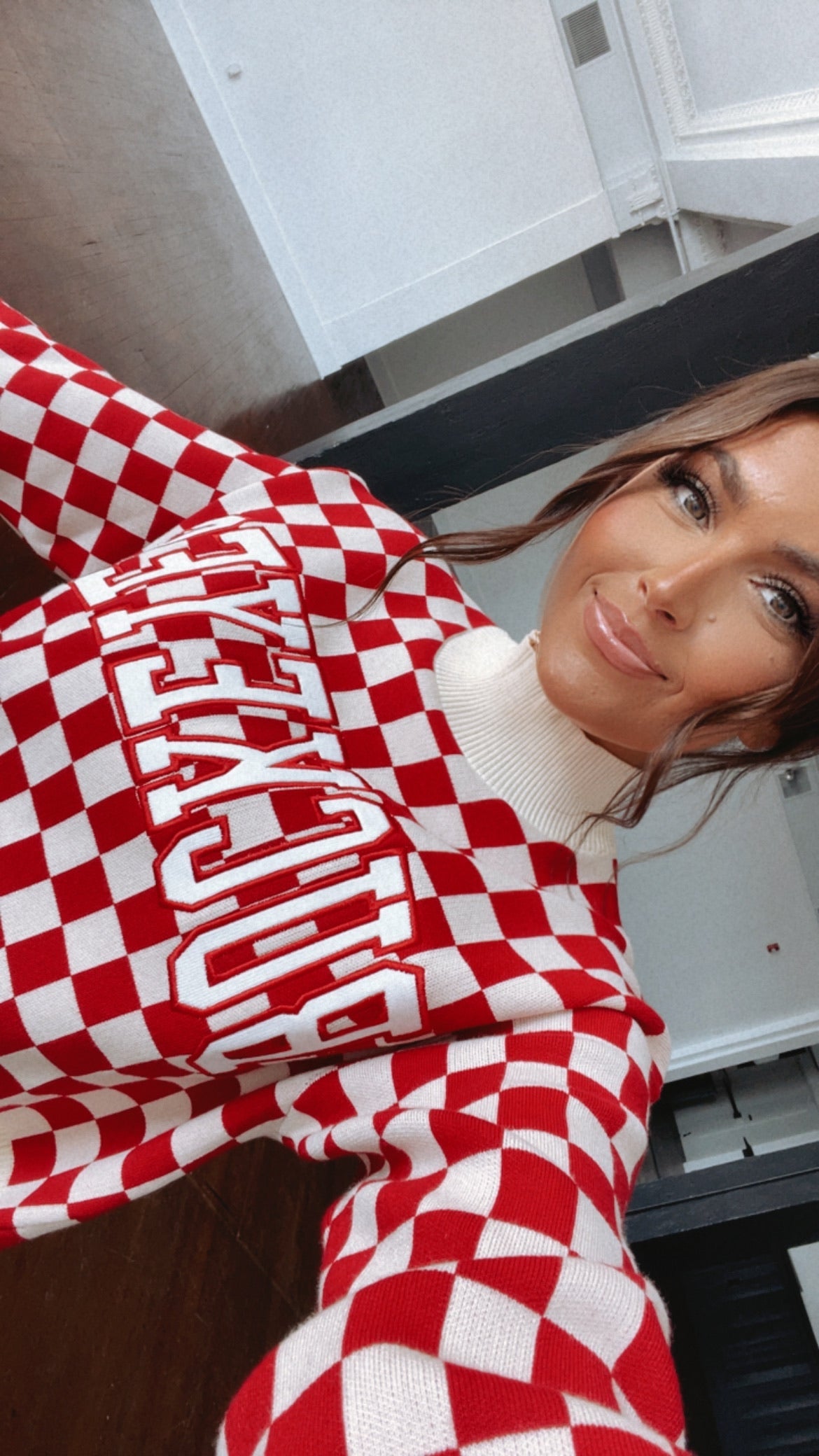 Ohio Checkered Mock Neck Sweater, Red