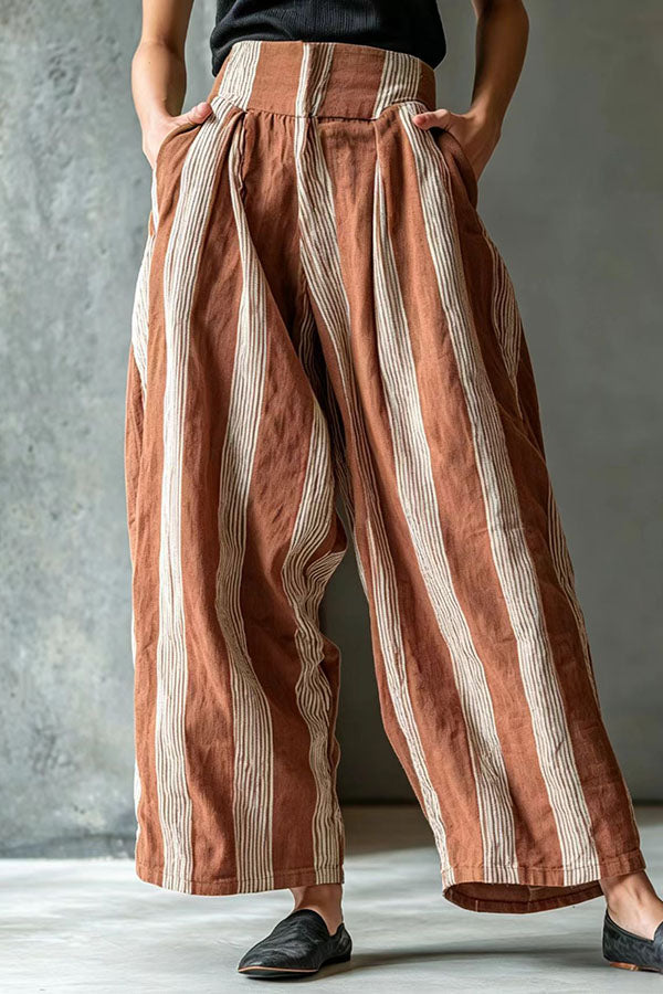 Casual Boho Linen-Blend Striped Wide Leg Pants