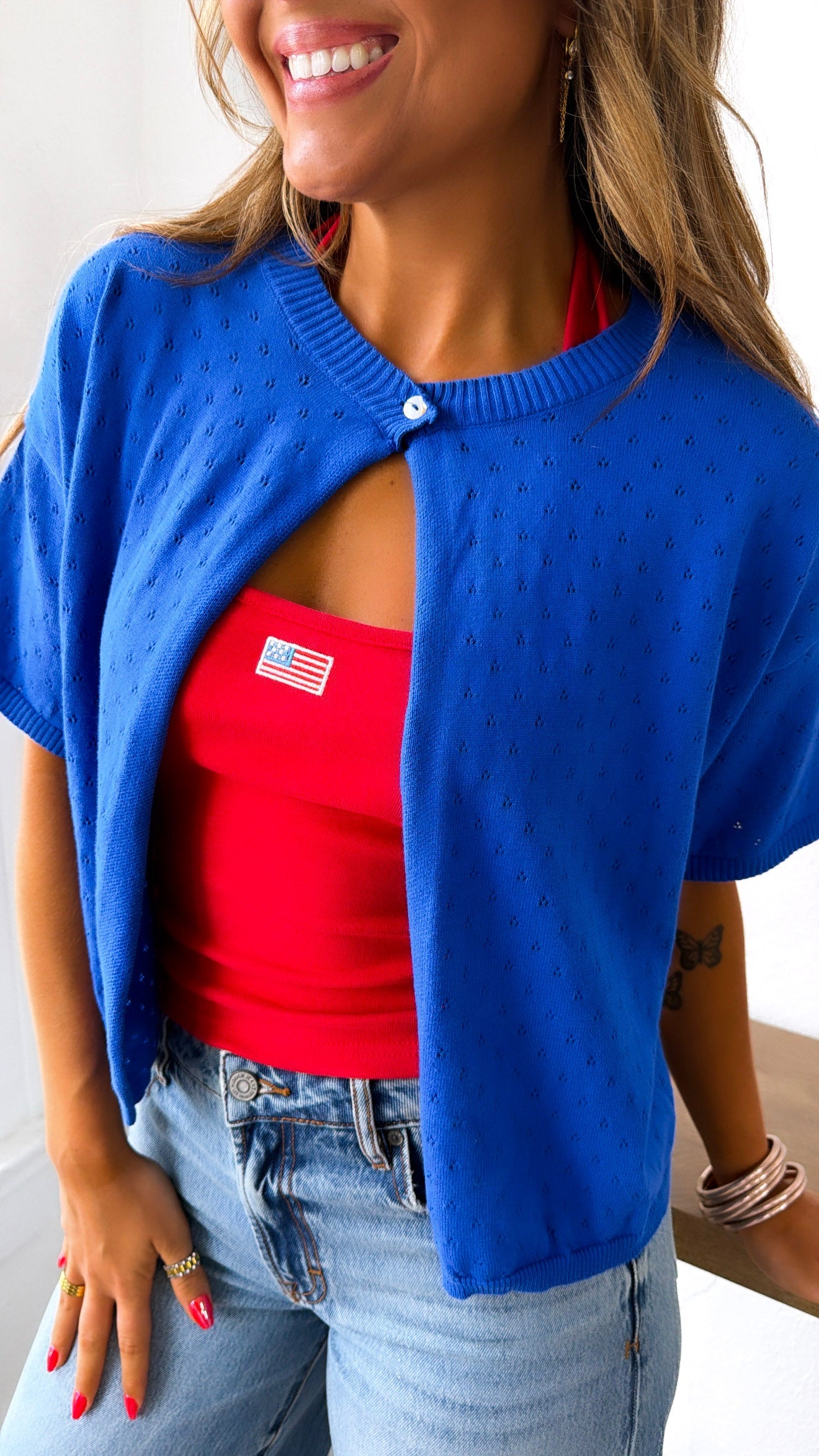 Eyelet Knit Cardigan, Blue