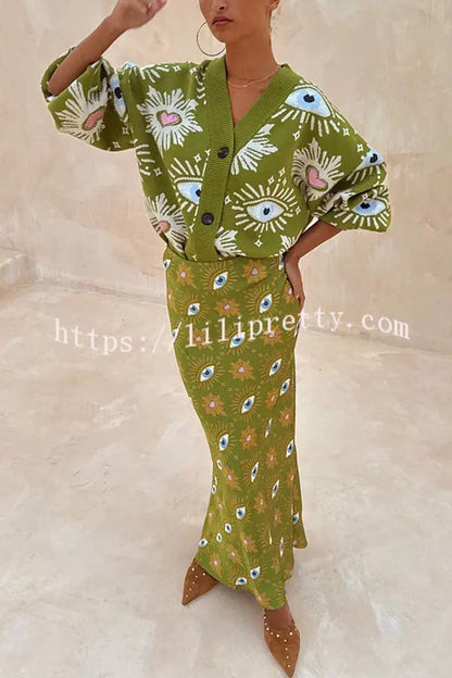 Mysterious Magic Satin Eye Heart Pattern Elastic Waist Drape Maxi Skirt