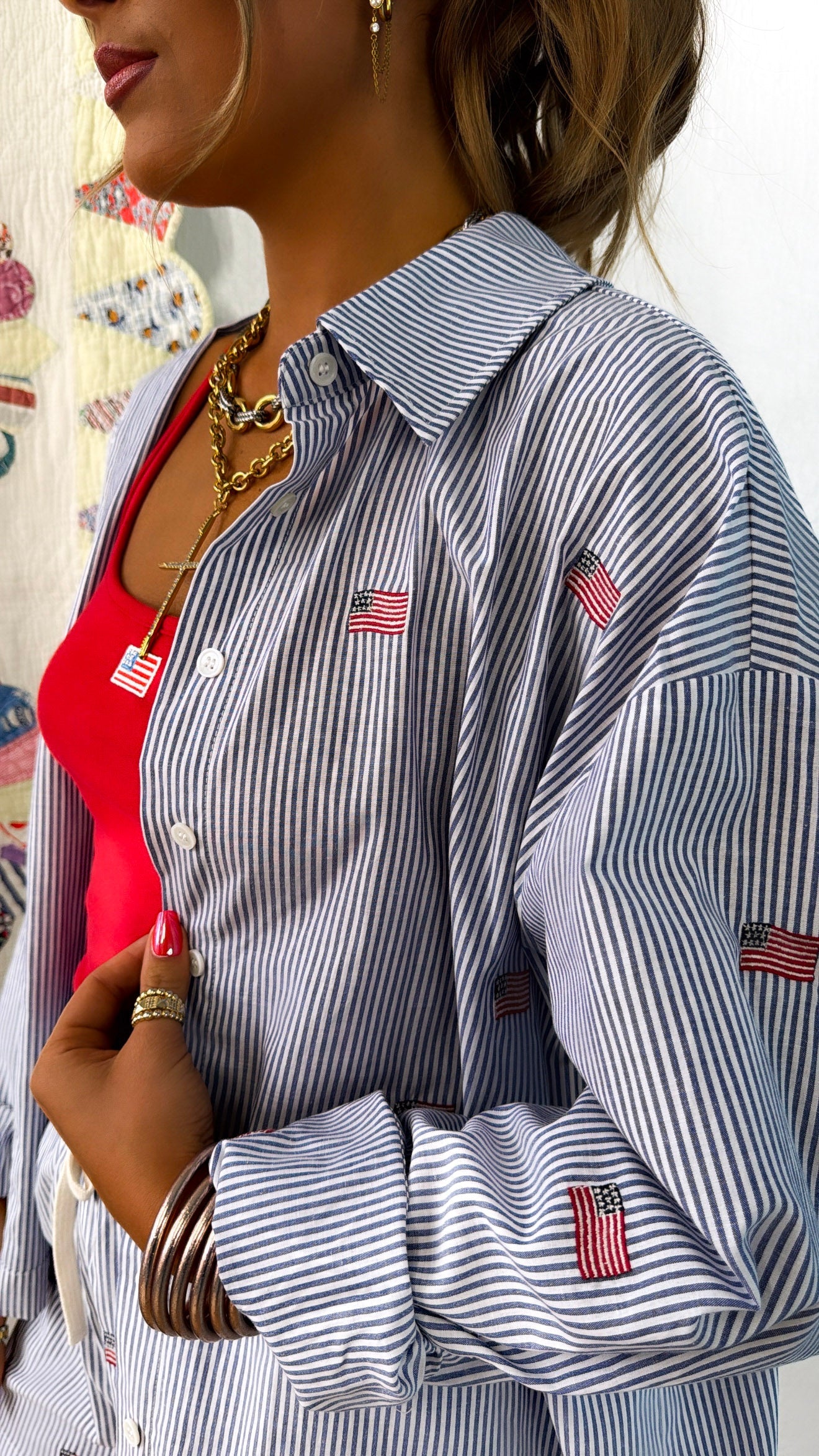 Oversized Striped American Button Down, Navy/White