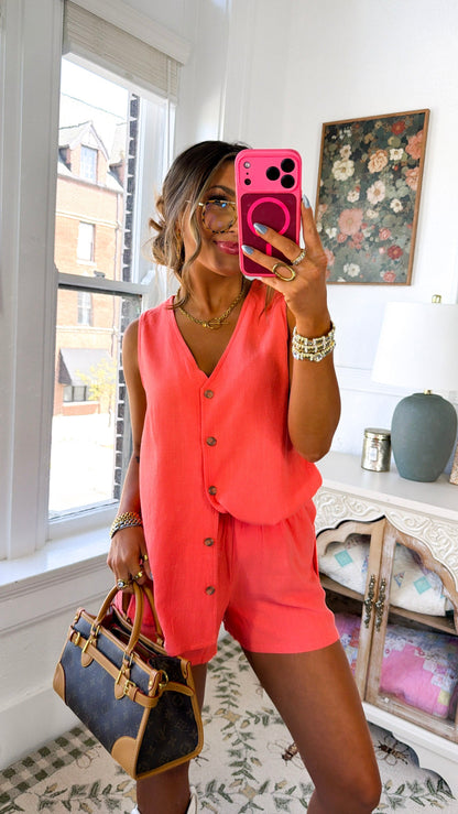 Button Two Piece Set, Papaya