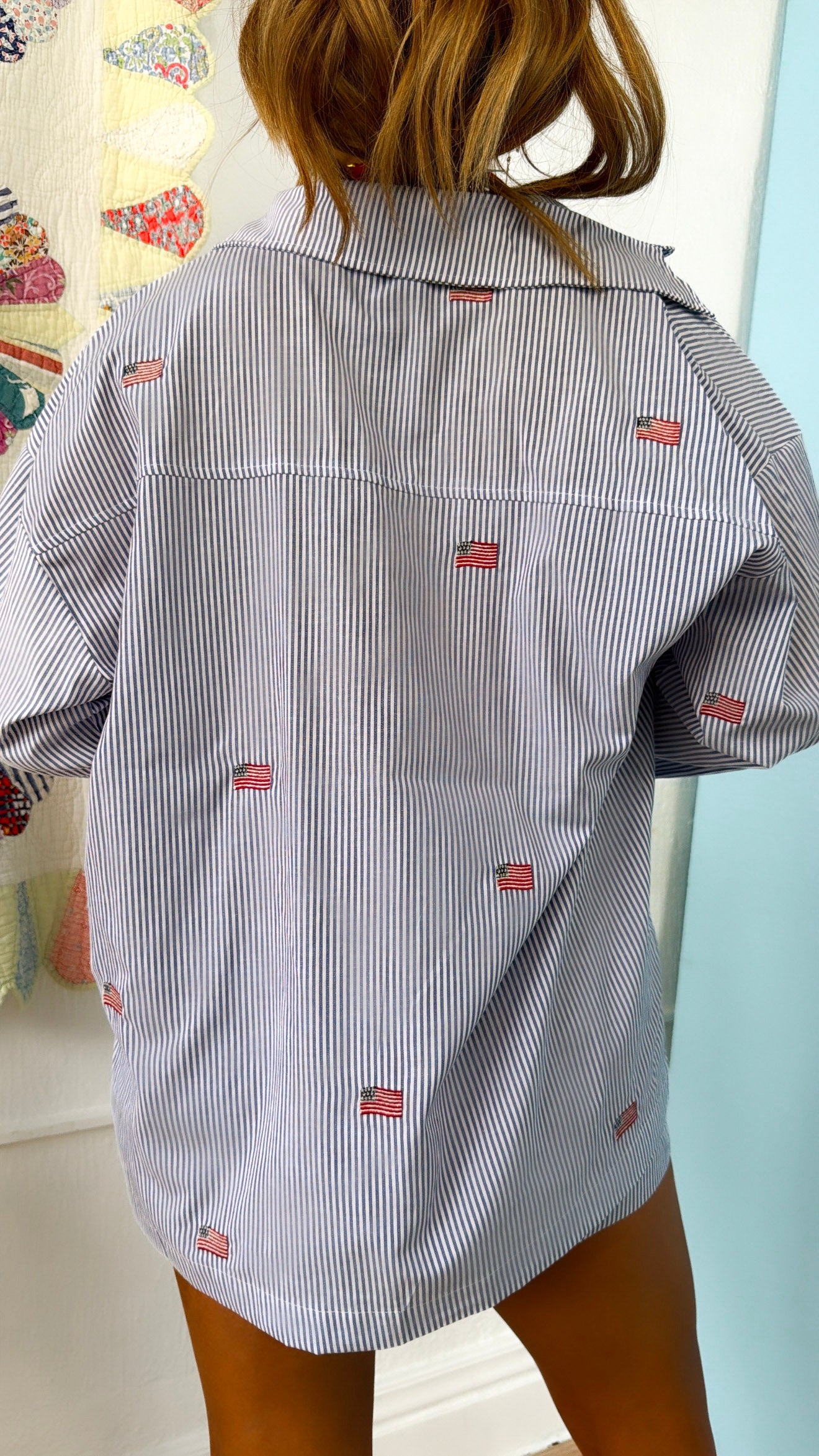 Oversized Striped American Button Down, Navy/White
