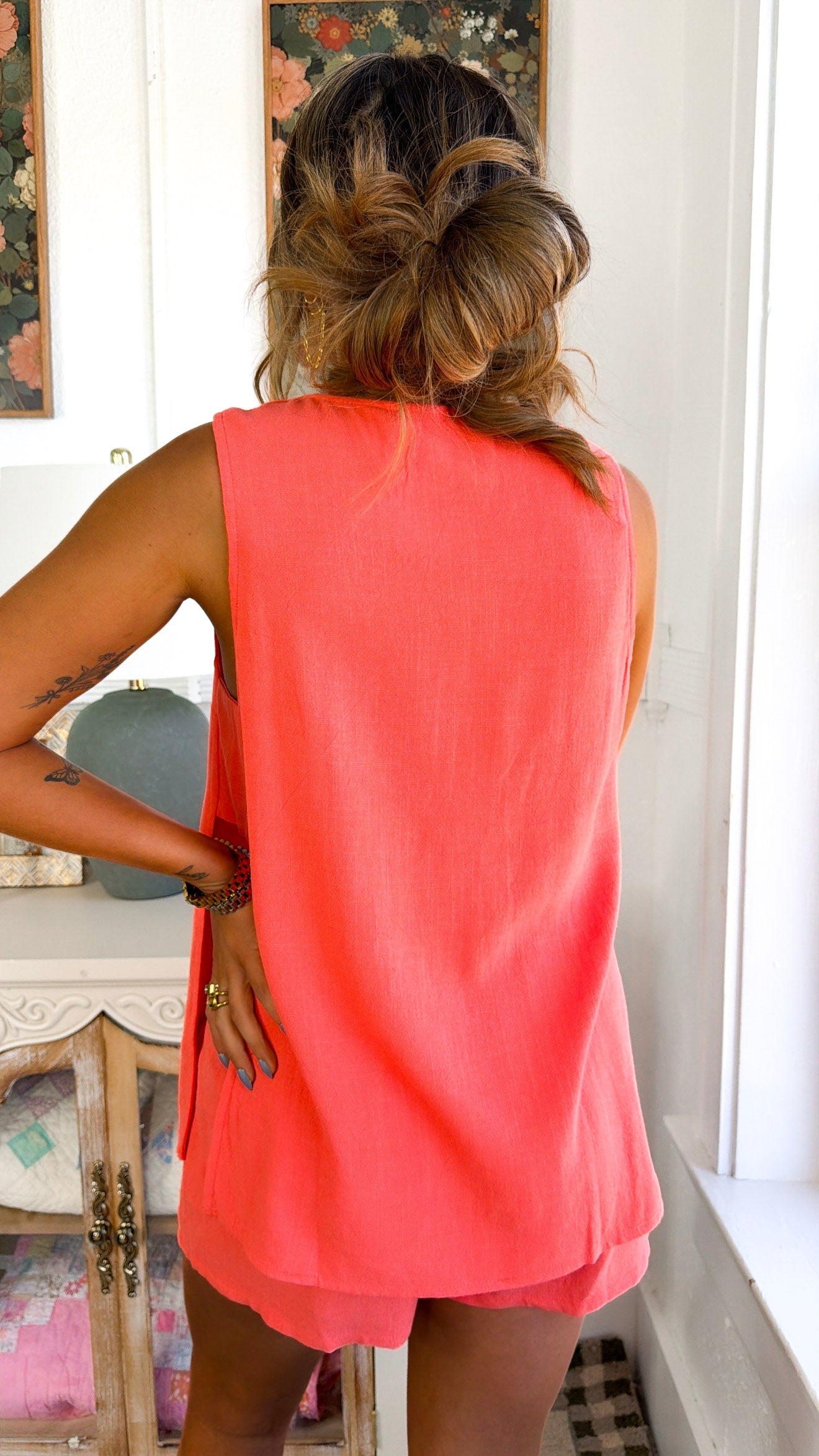 Button Two Piece Set, Papaya