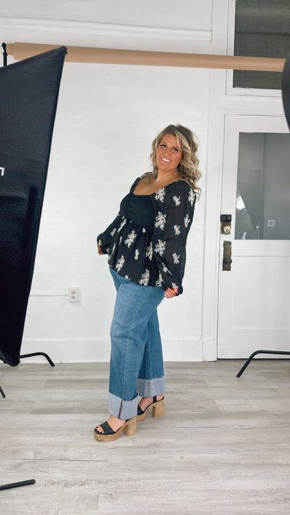 All About Details Embroidered Smocked Blouse, Black
