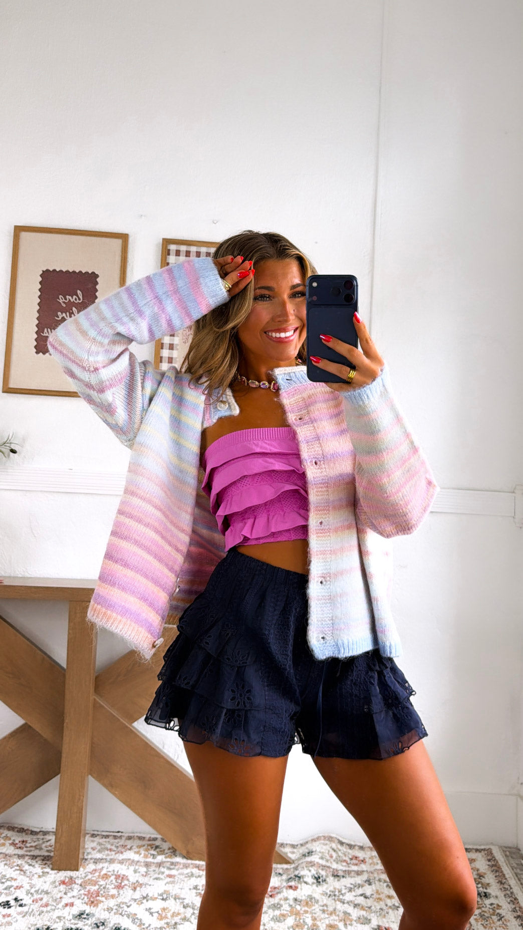 Color Field Rainbow Stripe Cardigan, Bubblegum/ Mint