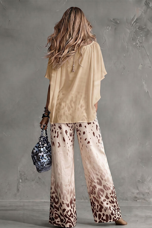 Safari Glam Draped Blouse & Ombre Leopard Wide-Leg Trousers Set