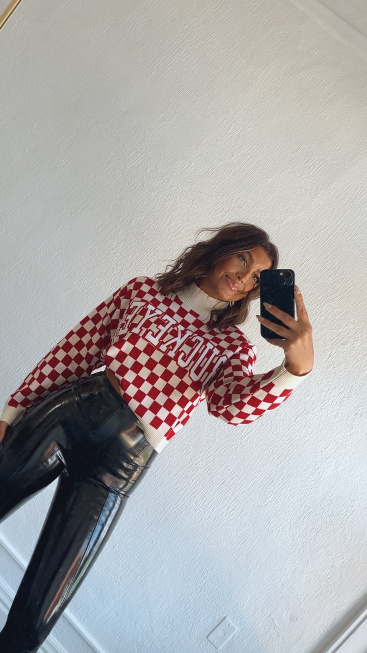 Ohio Checkered Mock Neck Sweater, Red