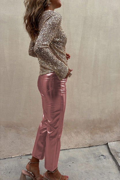Lilipretty Lilipretty Sinclair Metallic Faux Leather High Rise Pocketed Straight Pants