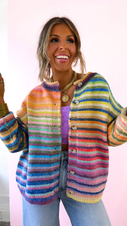 Color Field Rainbow Stripe Cardigan, Sky/Purple
