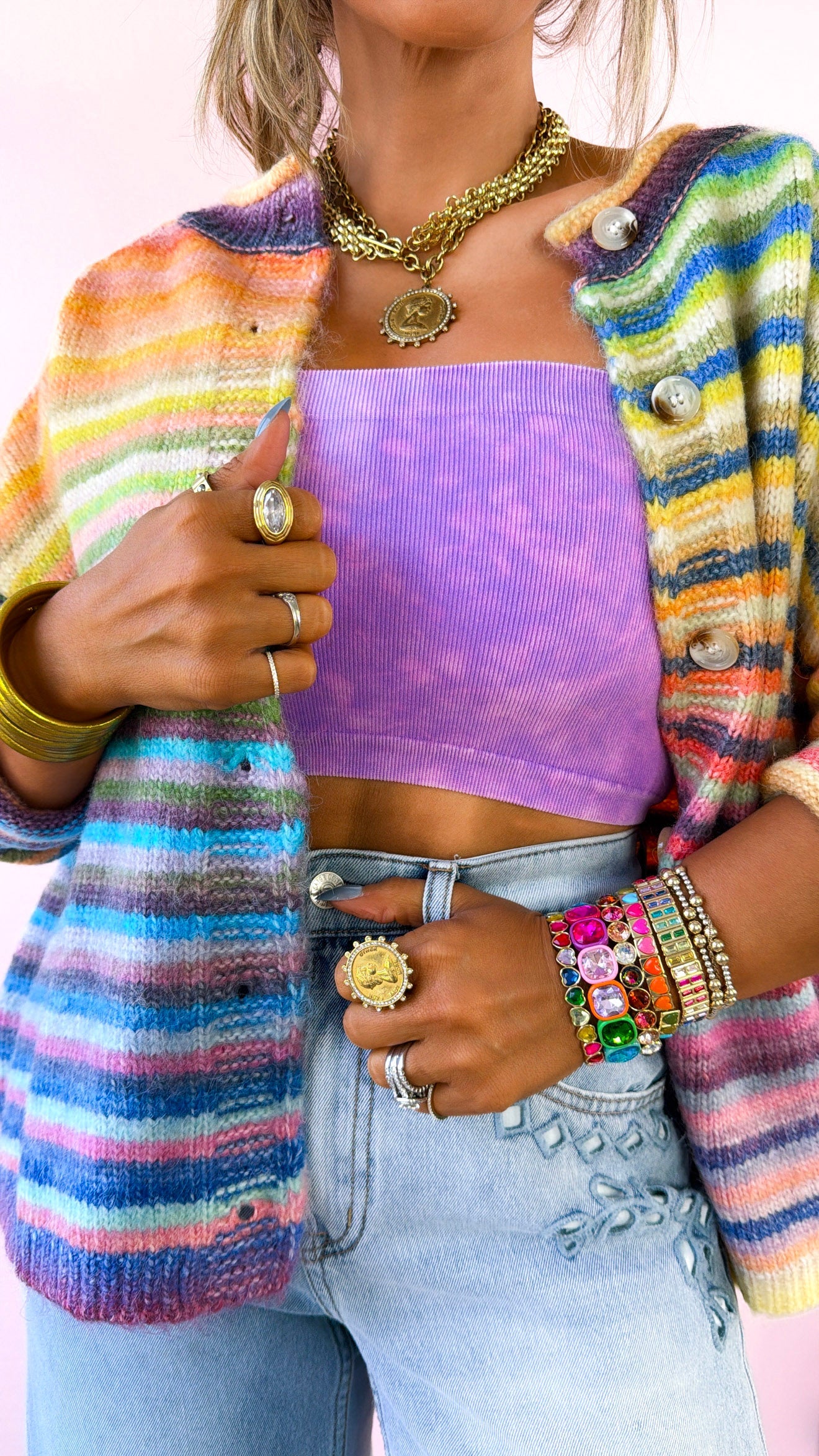 Color Field Rainbow Stripe Cardigan, Sky/Purple
