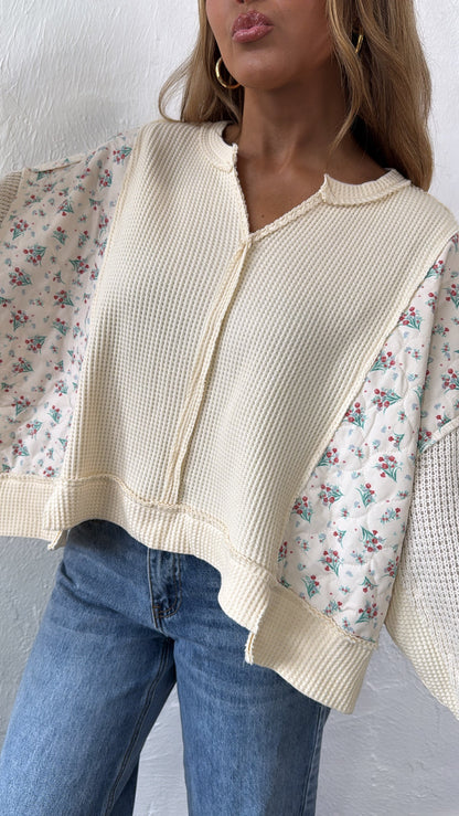 POL Floral Sleeve Sweater, Cream