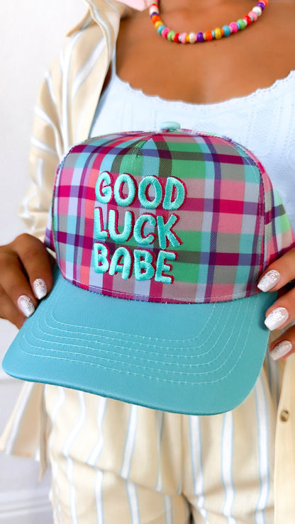 Good Luck Babe Canvas Plaid Trucker Hat