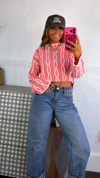 Open Sand Swirly Striped Sweater, Strawberry