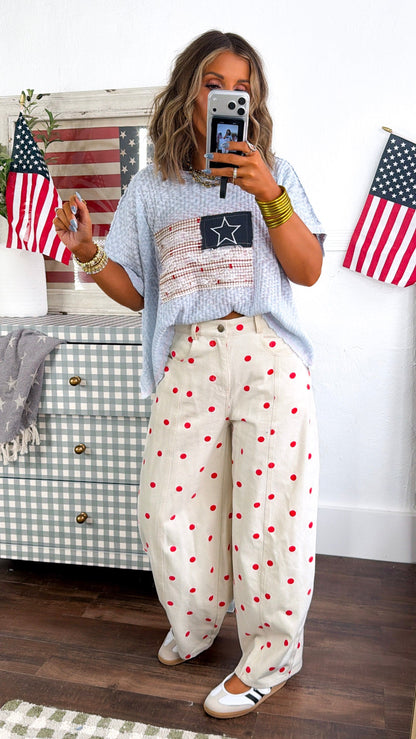Polka Dot Princess Barrel Pant, Cream/ Red