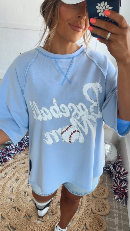 Baseball Mom Oversized Rhinestone Tee, Blue