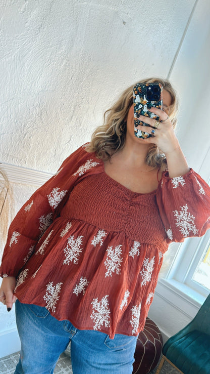 All About Details Embroidered Smocked Blouse, Rust