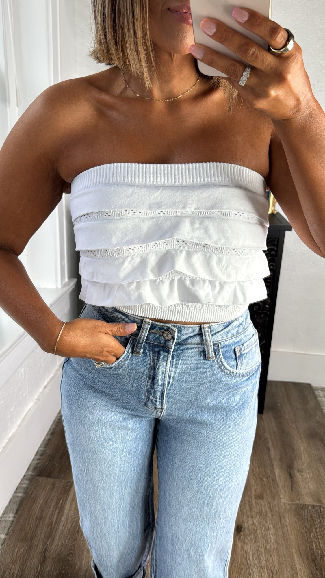 Layered Ruffled Tube Top, White