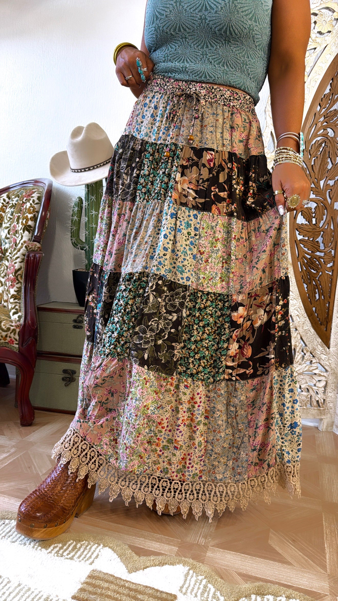 Cloverline Printed Tiered Midi Skirt, Latte