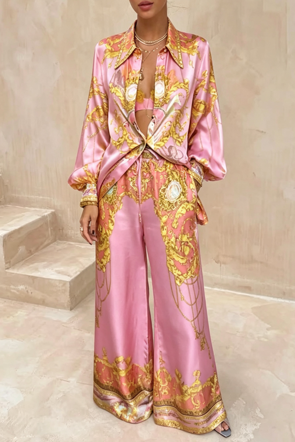 Mermaid Motel Unique Print Long Sleeve Loose Shirt and Elastic Waist Pants Set