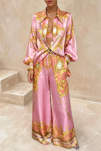 Mermaid Motel Unique Print Long Sleeve Loose Shirt and Elastic Waist Pants Set