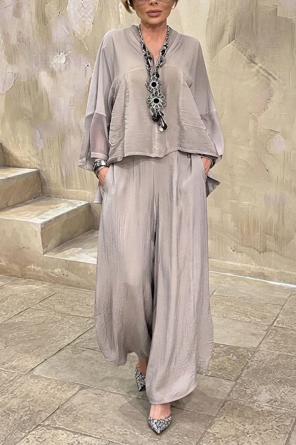 Melissa V-neck Sheer Batwing Sleeve Loose Blouse and Elastic Waist Pocketed Bell Hem Pants Set