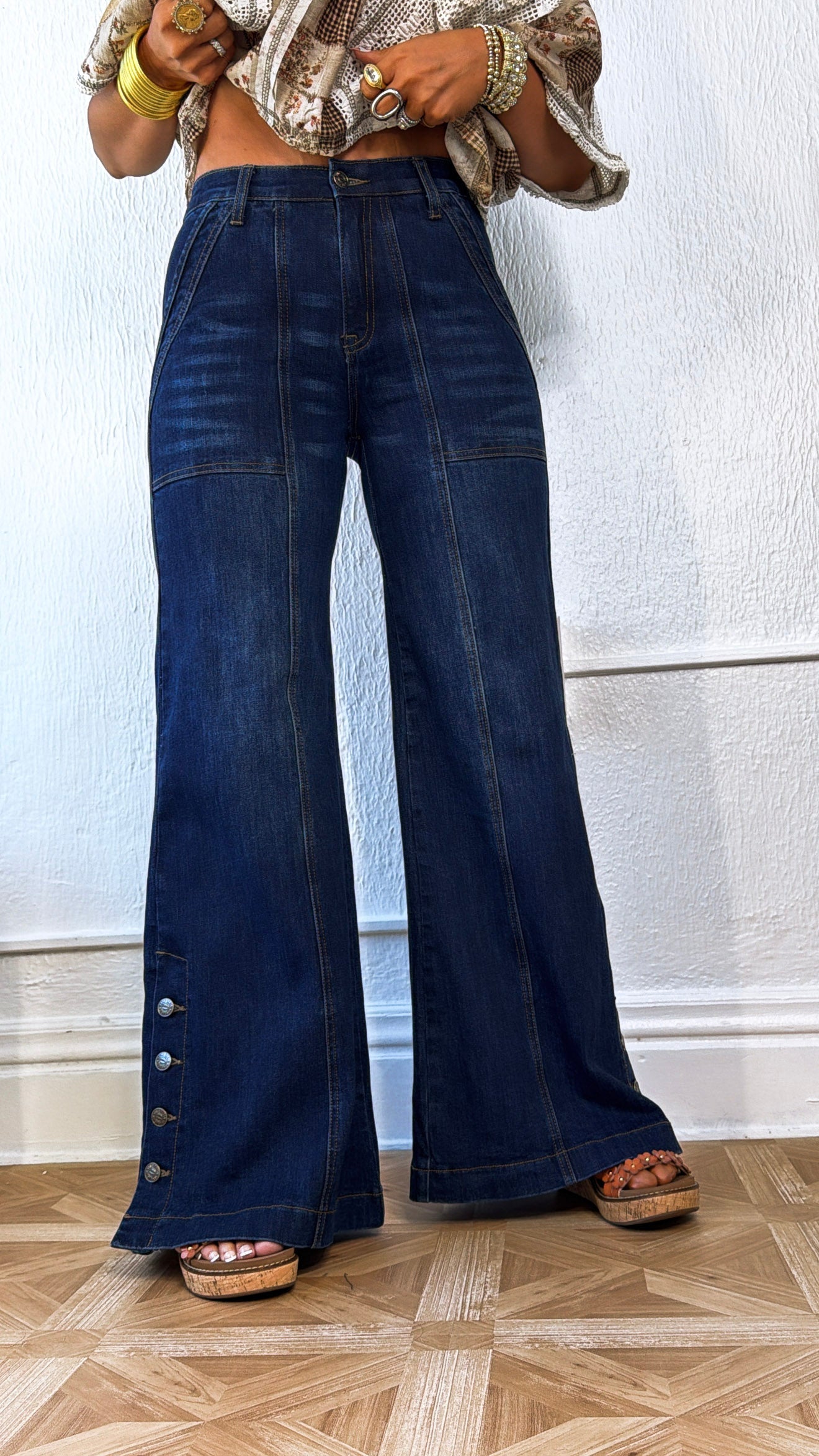 Kai Wide Leg Button Slit Denim, Dark
