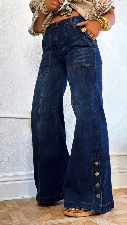 Kai Wide Leg Button Slit Denim, Dark